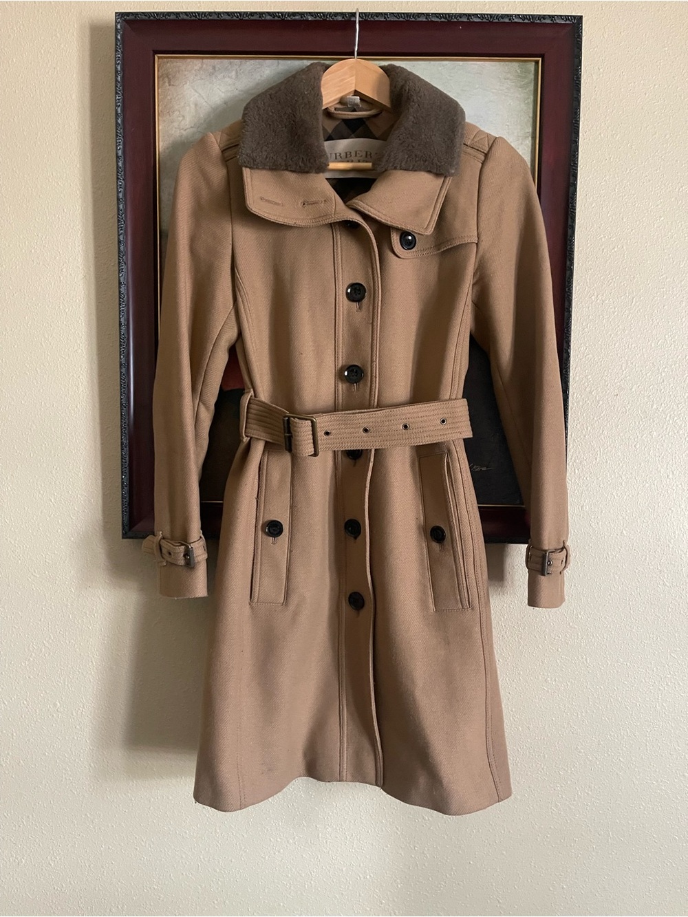 Burberry Tan Wool Trench Coat with Shearling Collar